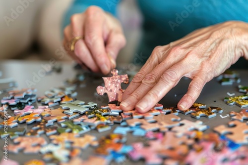 Person deeply engaged in assembling a large puzzle indoors