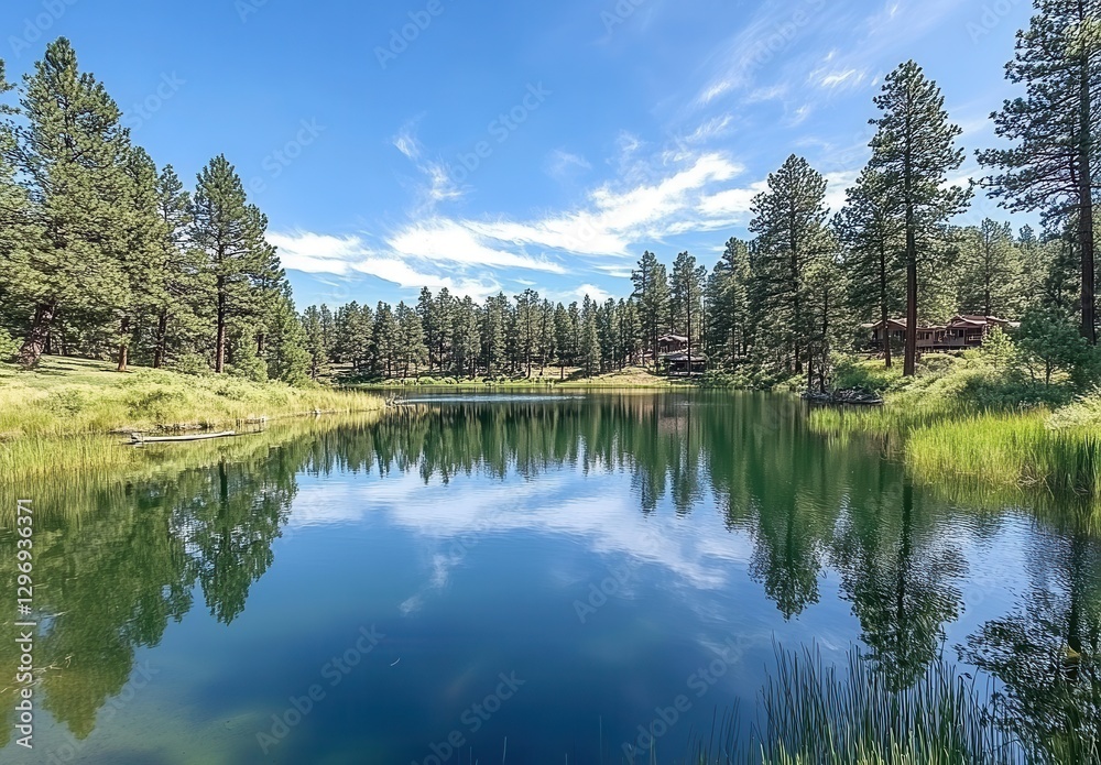 Fototapeta premium Serene Mountain Lake Surrounded by Lush Green Pine Trees Under a Clear Blue Sky with Reflections on Calm Waters in a Peaceful Nature Setting