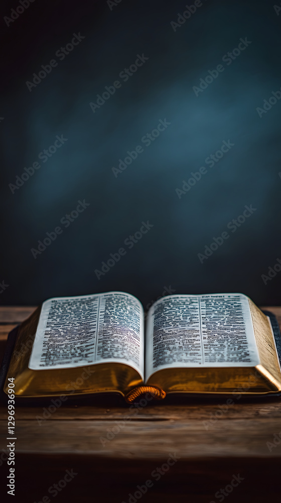 Fototapeta premium An open Bible on an old wooden table 