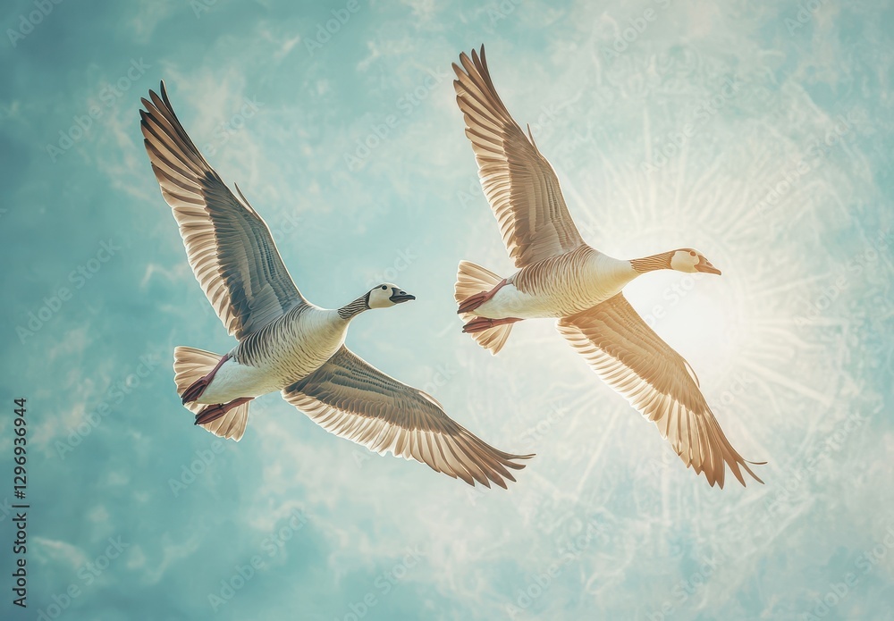 Obraz premium Majestic Geese Flying Against a Bright Sky with Radiant Sunlight, Capturing the Beauty of Nature and Freedom in Motion