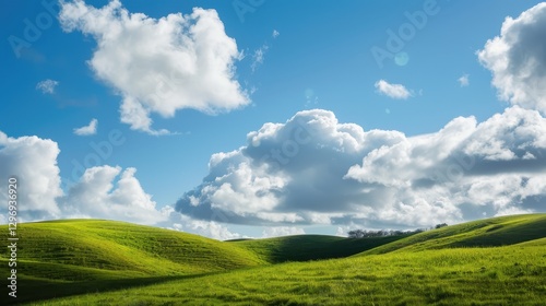 Beautiful scenic view of rolling green hills under fluffy clouds