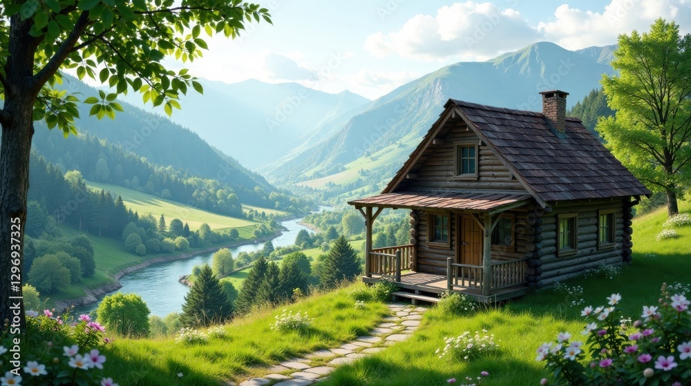 Serene Wooden Cabin Retreat Nestled on a Hillside Overlooking a Verdant Valley and Winding River Serene Wooden Cabin Retreat Nestled on a Hillside Overlooking a Verdant Valley and Winding River