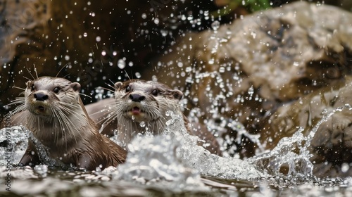 Playful otters joyfully splashing in a sunlit river