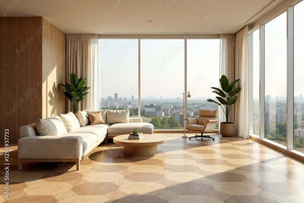Fototapeta premium Modern apartment living room design with panoramic city view, featuring a light beige sectional sofa, wooden floor, and floor-to-ceiling windows showcasing a stunning cityscape horizon.