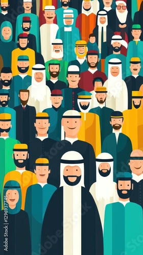 Diverse crowd in traditional Middle Eastern attire