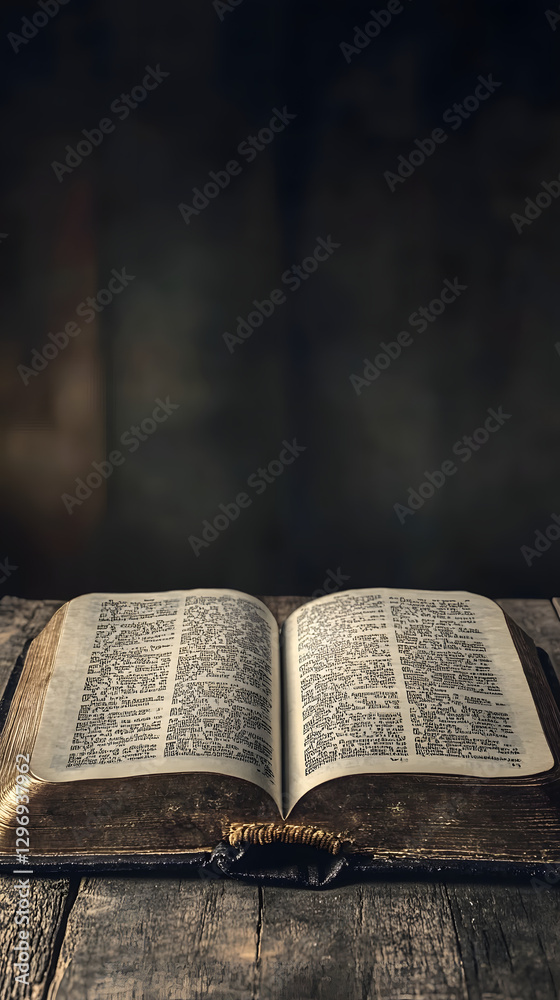 Fototapeta premium An open Bible on an old wooden table 