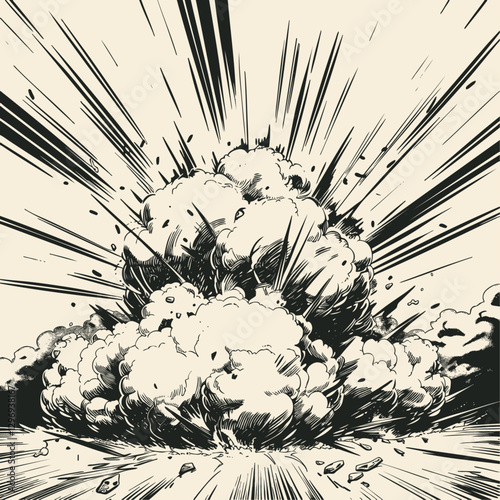Vector illustration of an explosion. Dynamic and dramatic. Ideal for representing impact, destruction, or action. Black and white vintage style.