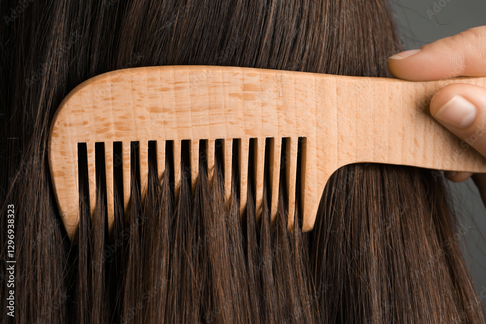 Obraz premium Woman brushing hair with wooden comb on grey background, closeup