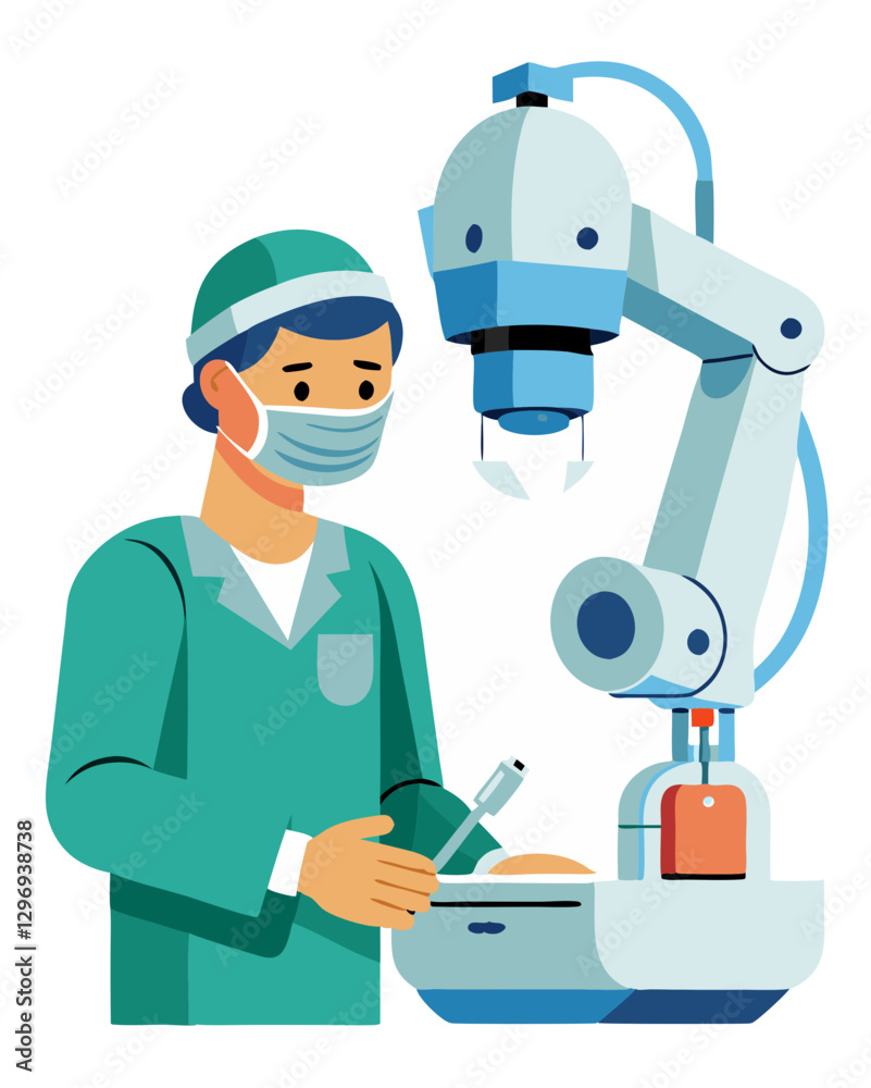 Naklejka premium A surgeon operating a robotic-assisted surgery machine, wearing a headset and gloves, isolated on white background. 