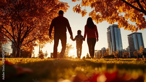 Golden Autumn Stroll: A silhouette of a family of three enjoys a leisurely walk in a sun-drenched park beneath trees in the autumn. capturing the warmth of the season.