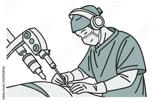 A surgeon operating a robotic-assisted surgery machine, wearing a headset and gloves, isolated on white background.

