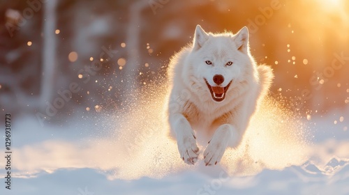 A graceful white wolf prowls through a snowy landscape, highlighting its agility and beauty amid a captivating sunset, symbolizing freedom and wildness.
