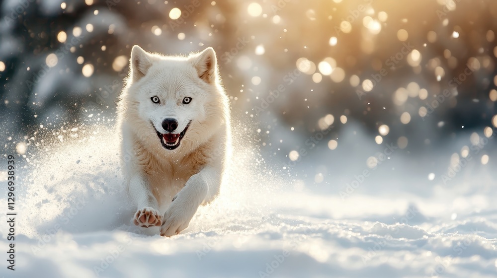 A beautiful white dog joyfully running through a snowy landscape, with sparkling snowflakes and a warm sunlight backdrop providing a serene and uplifting atmosphere. A beautiful white dog joyfully running through a snowy landscape, with sparkling snowflakes and a warm sunlight backdrop providing a serene and uplifting atmosphere.