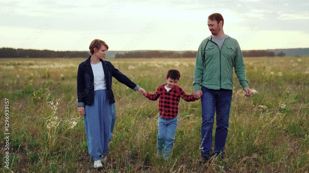 Happy parents hold hands of preschooler son taking leisurely walk on field. Cheerful family enjoys stroll in nature savoring picturesque landscape. Parents with son create lasting memories Happy parents hold hands of preschooler son taking leisurely walk on field. Cheerful family enjoys stroll in nature savoring picturesque landscape. Parents with son create lasting memories