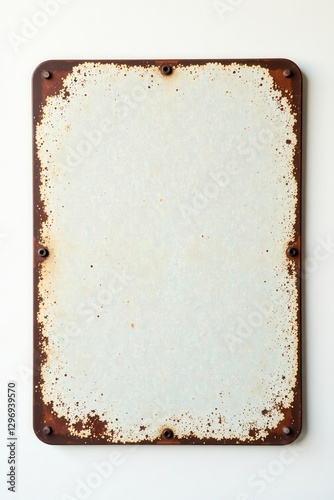 Rustic Metal Sign with Weathered White Surface and Aged Brown Border, Ideal for Vintage Design and Retro Style Projects