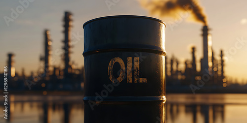 Crude Oil Barrel in Industrial Sunset: A visual representation of fossil fuels, refinery operations, and the energy sector's impact on the environment.