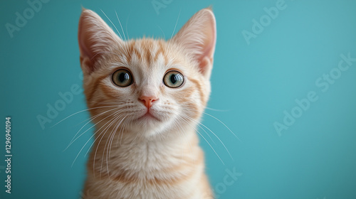 Cute orange tabby kitten with big eyes posing against a bright blue background