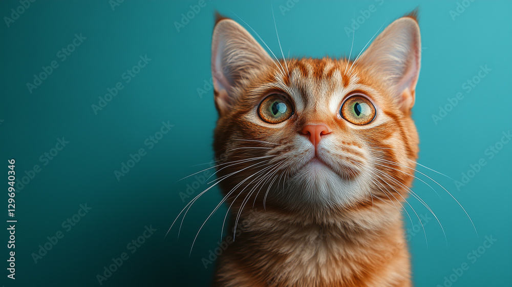 Curious orange tabby cat looking up against a blue background with vibrant green eyes and expressive features Curious orange tabby cat looking up against a blue background with vibrant green eyes and expressive features