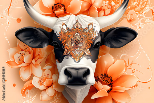 Sacred Cow in Orange Glow: Portrait of Divine Animal with Jeweled Adornment Amidst Flowers photo