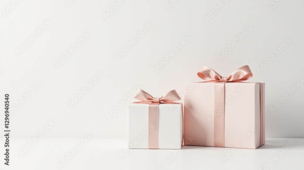 Fototapeta premium Two delicately wrapped presents adorned with blush pink ribbons, a minimalist celebration of gifting
