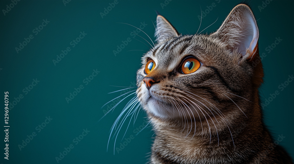 Tabby cat gazes thoughtfully at the surroundings in a cozy indoor setting with deep teal background Tabby cat gazes thoughtfully at the surroundings in a cozy indoor setting with deep teal background