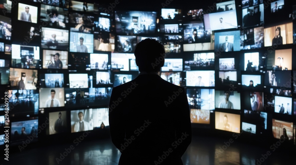 Surrounded by Screens: A Man Silhouetted Against a Wall of Video Displays Surrounded by Screens: A Man Silhouetted Against a Wall of Video Displays