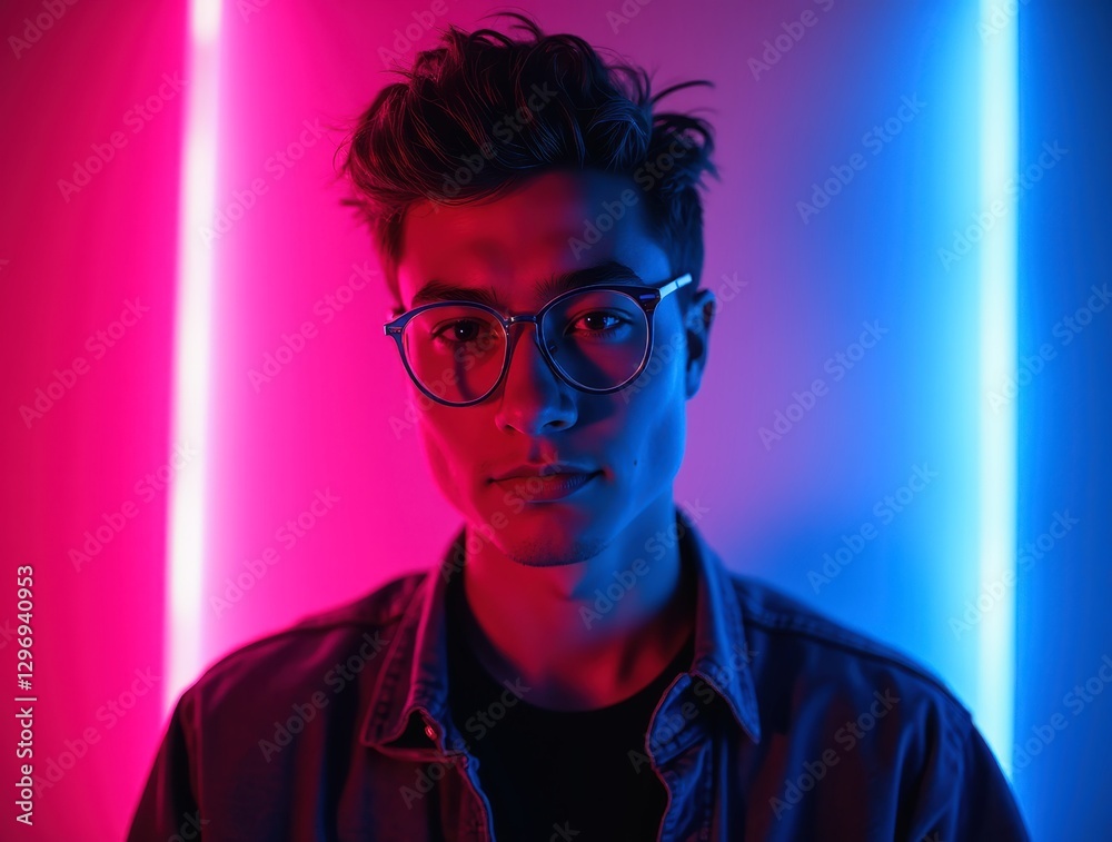 Obraz premium Young man immersed in neon glow with futuristic vibe