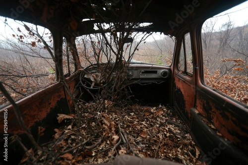 Inside view of an abandoned car overgrown with nature. Could be decay concept