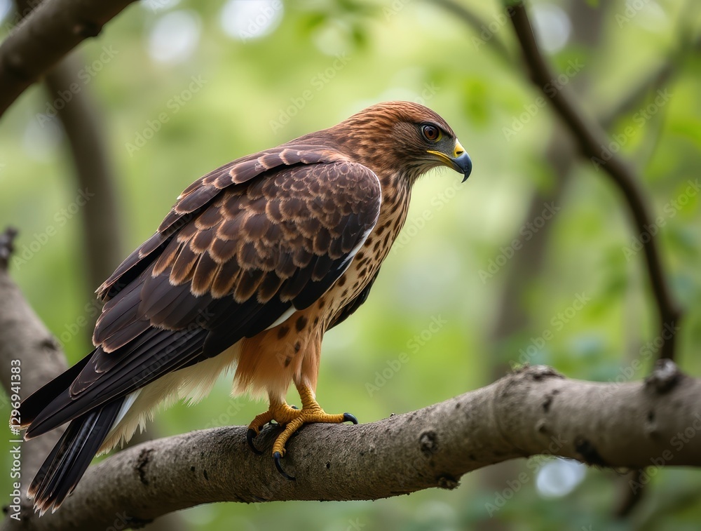 Hawk perched on a tree branch intensely focused on its prey Hawk perched on a tree branch intensely focused on its prey