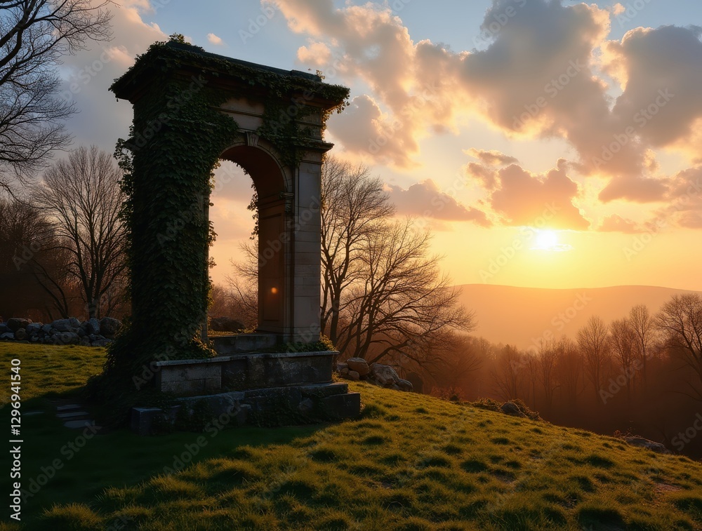 Fototapeta premium Ivy Covered Archway Stands on Hilltop at Sunset