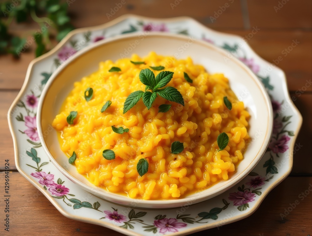 Saffron-infused risotto decorated with fresh mint leaves on an elegant plate Saffron-infused risotto decorated with fresh mint leaves on an elegant plate