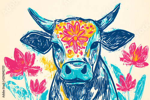 Whimsical Blue Cow: Stylized Bovine with Floral Interior and Pink Lotus Blooms photo