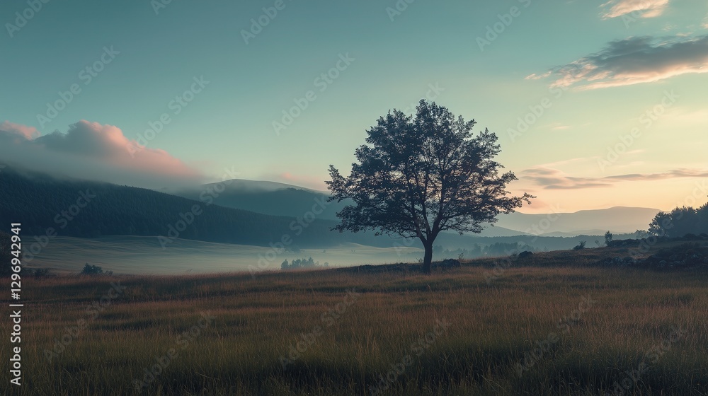 Lone Tree in an Open Field with Mountains and Foggy Hills at Sunrise Lone Tree in an Open Field with Mountains and Foggy Hills at Sunrise