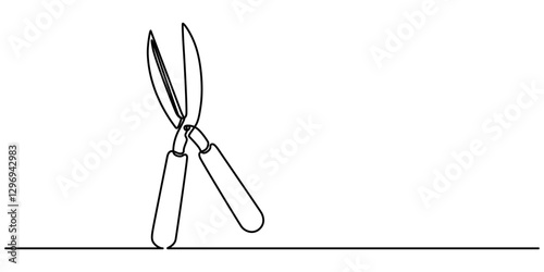 Gardening Hedge Trimmers Line Drawing with Editable Stroke and Color Elements, hedge clippers continuous one line drwing off white background, minimalist design concept pro style. vector illustration.