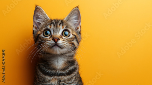 Cute tabby kitten with bright blue eyes looking curiously against a solid yellow background