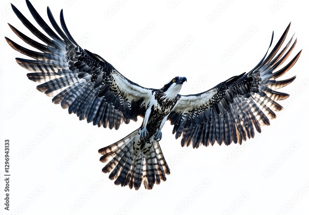 Fototapeta premium Majestic Osprey in Full Flight with Extended Wingspan Against Clear White Background Captured with Incredible Detail and Sharpness