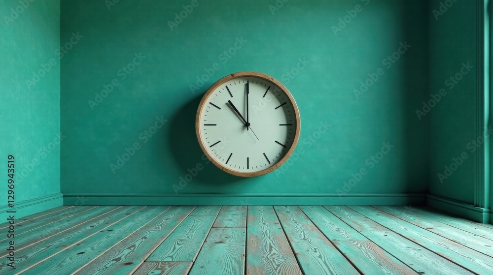 custom made wallpaper toronto digitalA Simple Round Clock on a Teal Wall in an Empty Room with Teal Wood Flooring