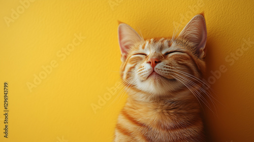 Content orange tabby cat smiling happily against a vibrant yellow wall in a cozy indoor setting
