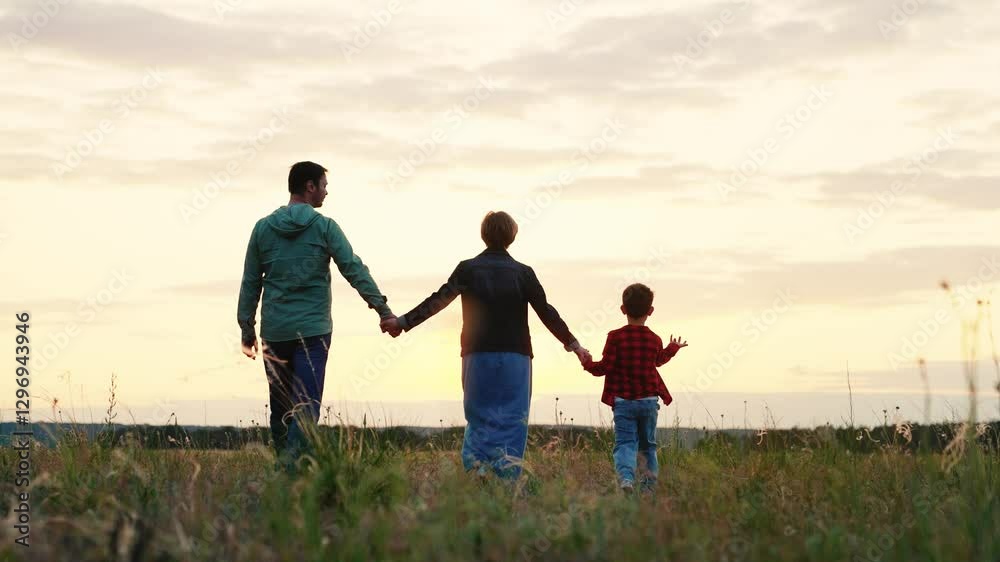 Family silhouettes joining hands with love walk along grassy valley basking in serenity of landscape. Family lovely walks in grassy valley. Family creating heartwarming family moment walking on field Family silhouettes joining hands with love walk along grassy valley basking in serenity of landscape. Family lovely walks in grassy valley. Family creating heartwarming family moment walking on field