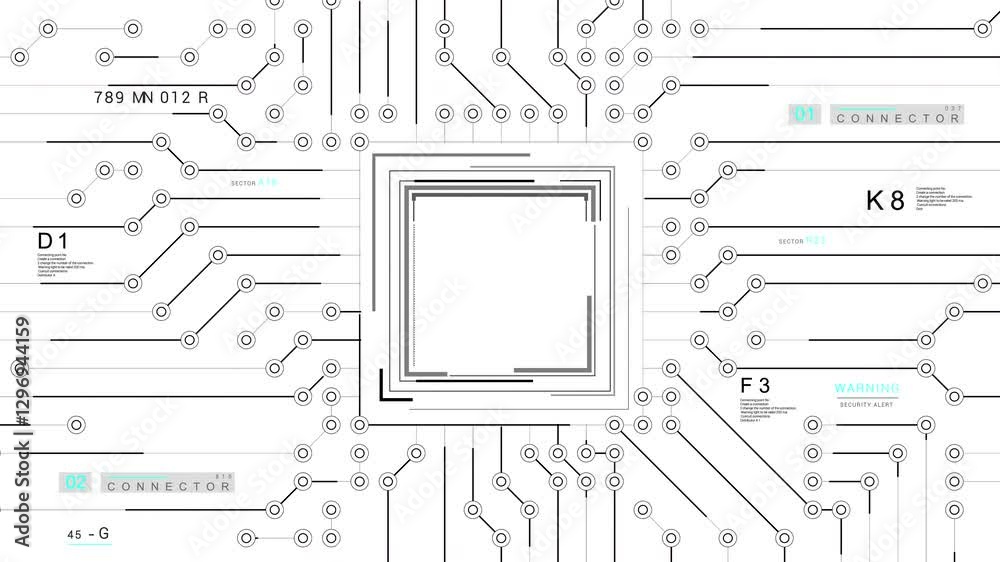 Motherboard electrical circuit HUD.2D generated. Transferring data electronic impulse. Infographic digital elements. Abstract technological background. White.
