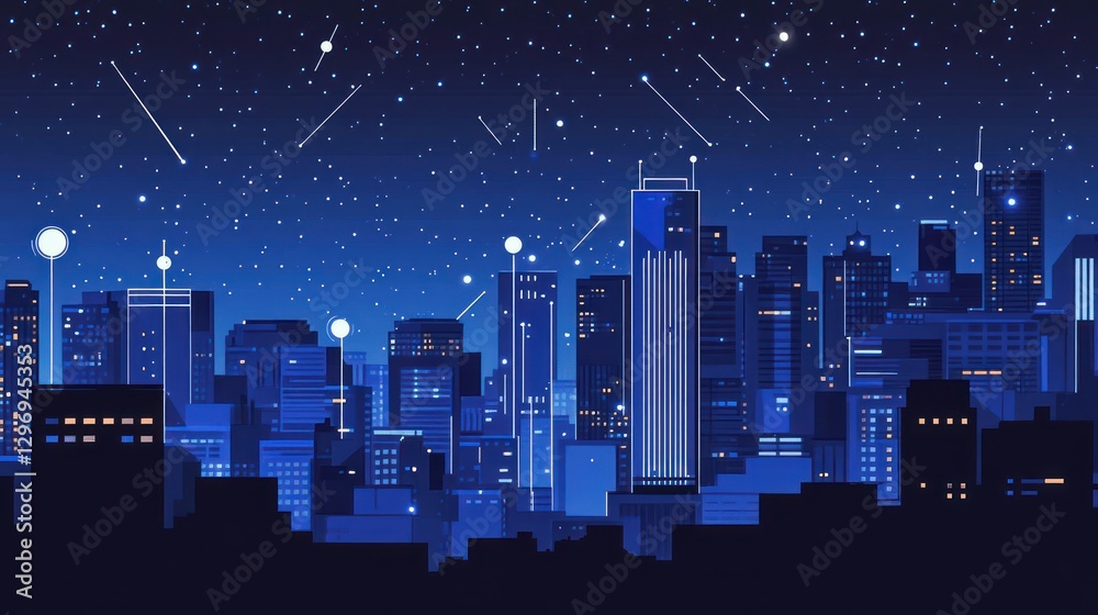 Night city skyline, meteor shower, urban background, website banner Night city skyline, meteor shower, urban background, website banner