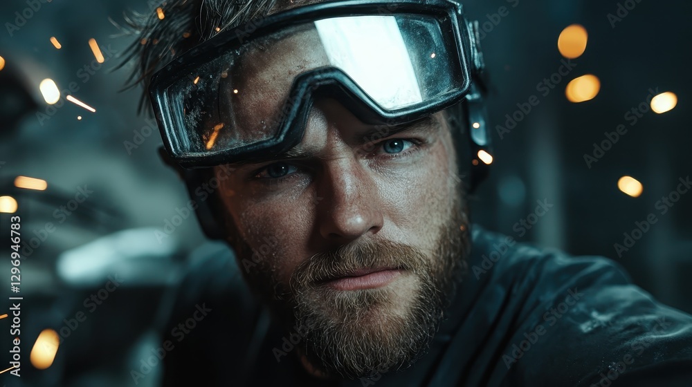 A determined worker wearing protective gear focuses intently on a welding task, showcasing dedication and safety in a high-energy environment filled with sparks. A determined worker wearing protective gear focuses intently on a welding task, showcasing dedication and safety in a high-energy environment filled with sparks.