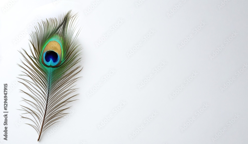 Obraz premium Lone peacock feather: Minimalist composition on light background