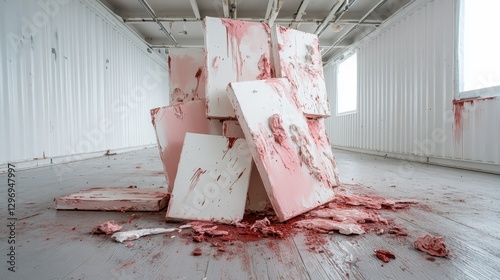 A collection of paint-covered canvases is precariously piled, presenting a chaotic yet intriguing snapshot of the artistic process and its vibrant outcomes. photo