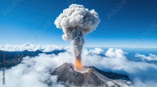 A serene yet powerful view of a volcano erupting, with thick clouds of ash billowing beautifully against a backdrop of pristine blue skies and distant mountainous terrain.