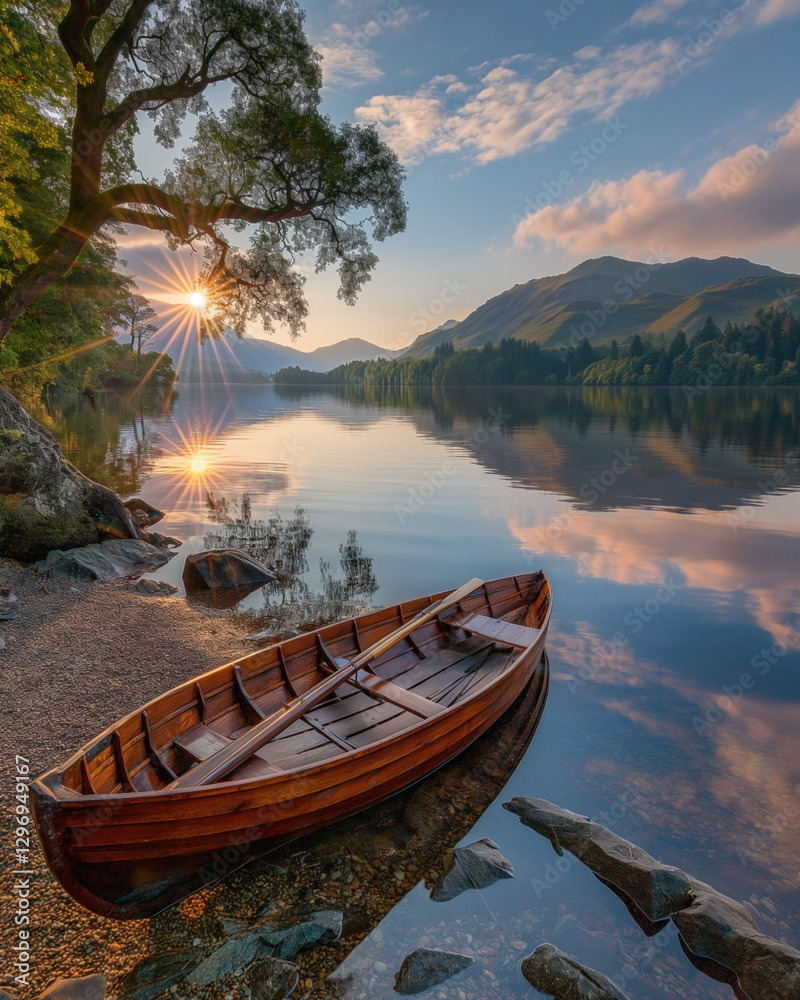 Obraz premium A classic rowing boat with a wooden hull and a pai_002