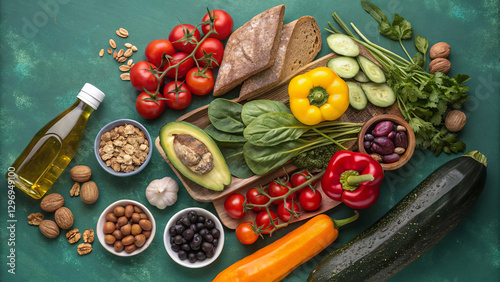 Wallpaper Mural Mediterranean Diet: Vegetables, fruits, nuts, legumes, whole grain products, olive oil, fish, seafood, white meat. Perfect for fitness websites and blogs. Torontodigital.ca