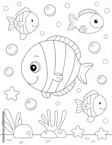 cartoon fish in water coloring page. ready to print on standard 8.5x11 inch paper