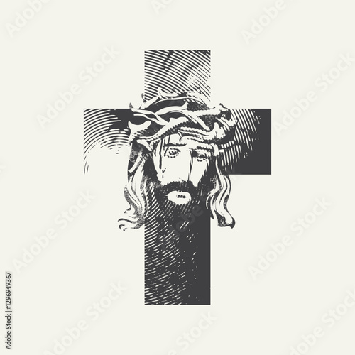 Easter banner or greeting card with Christian catholic cross with portrait of crying Jesus Christ wearing crown of thorns. Vector illustration, religious symbol, icon, logo