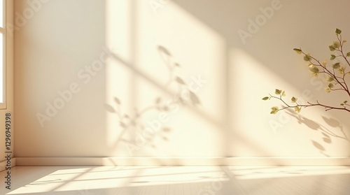 Minimalistic abstract gentle light beige background for product presentation with light andand intricate shadow from the window and vegetation on wall.

